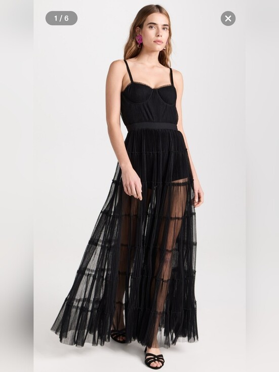 Alice + Olivia Dresses & Skirts - Alice + Olivia Deena Pleated Maxi Dress Black Sheer Tulle Pleated Gown Size 6